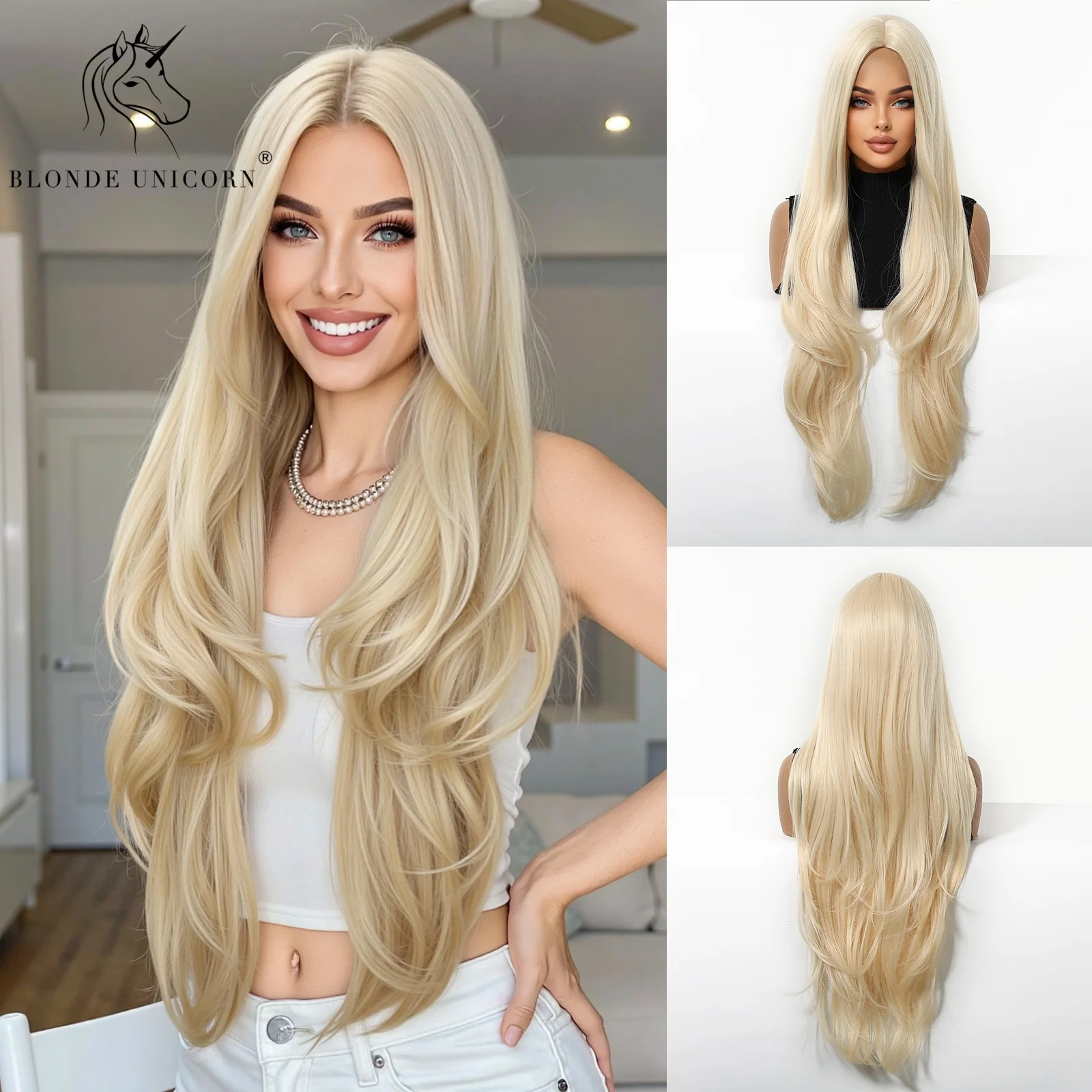 Blonde Unicorn Golden Blonde Layered Middle Part Long Wavy Synthetic Wig for Women Heat Resistant Natural Looking Daily Party
