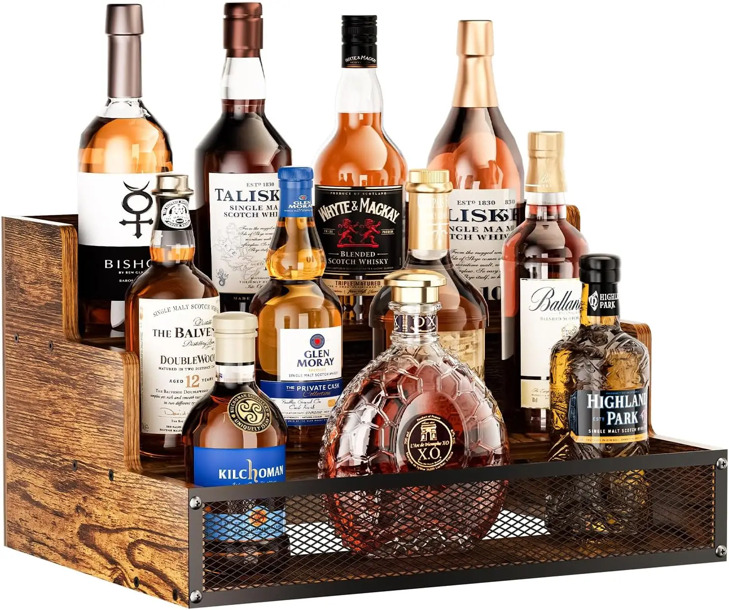 

3-х уровневая деревянная полка для витрины алкоголя с забором, вмещает 12 бутылок для хранения виски и вина