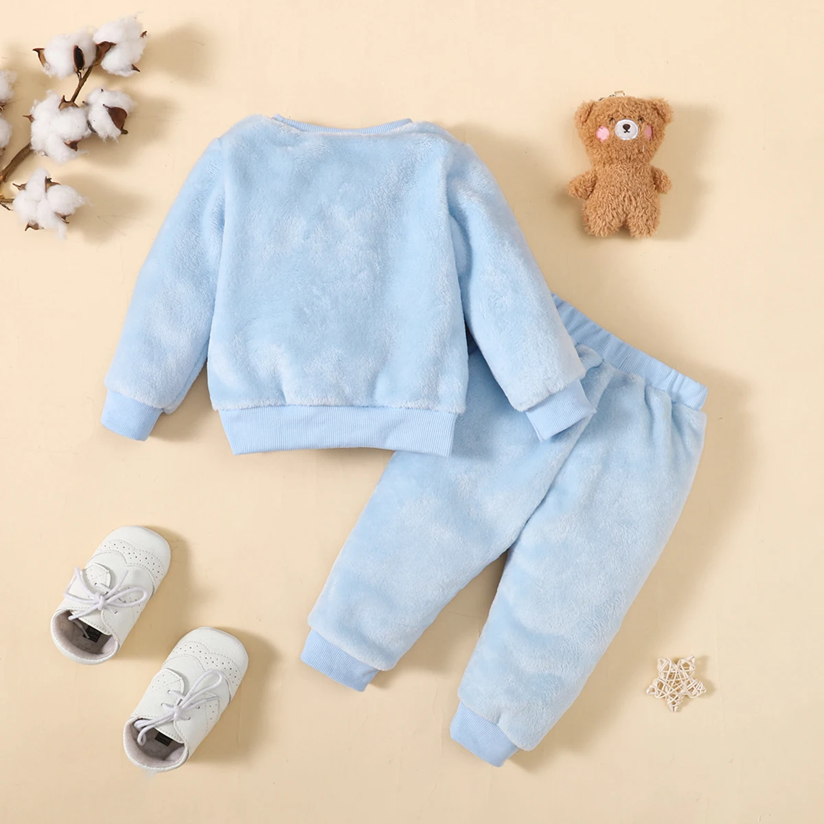Baby Girl Winter Plush Set Cute Little Bear Pattern Long Sleeve Long Pants Two Piece Set  for 0-3 Year Old Baby Girls Warm Set