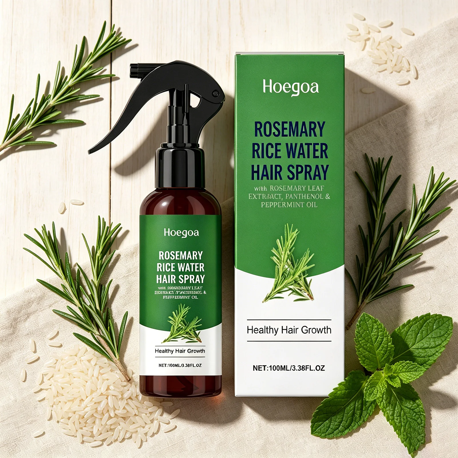 Rosemary Rice Water Hair Spray Natural Hair Growth Spray with Rosemary Extract Panthenol & Peppermint Oil, Nourishing Scalp Care
