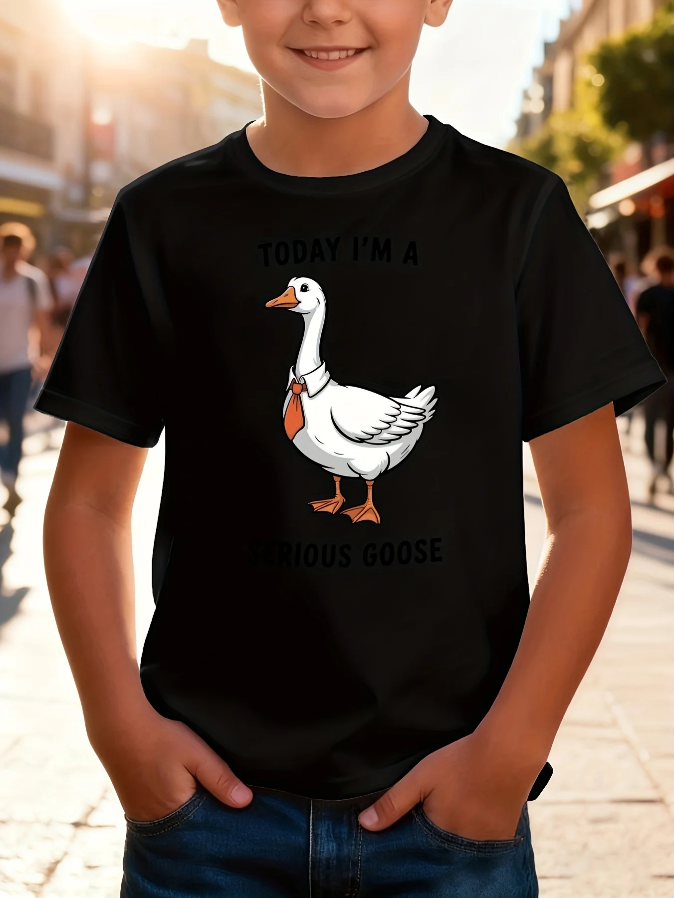 Kids New  Cotton Tee Serious Cartoon Goose with Tie Slogan Crew Neck Short Sleeve Funny Animal Casual Tops