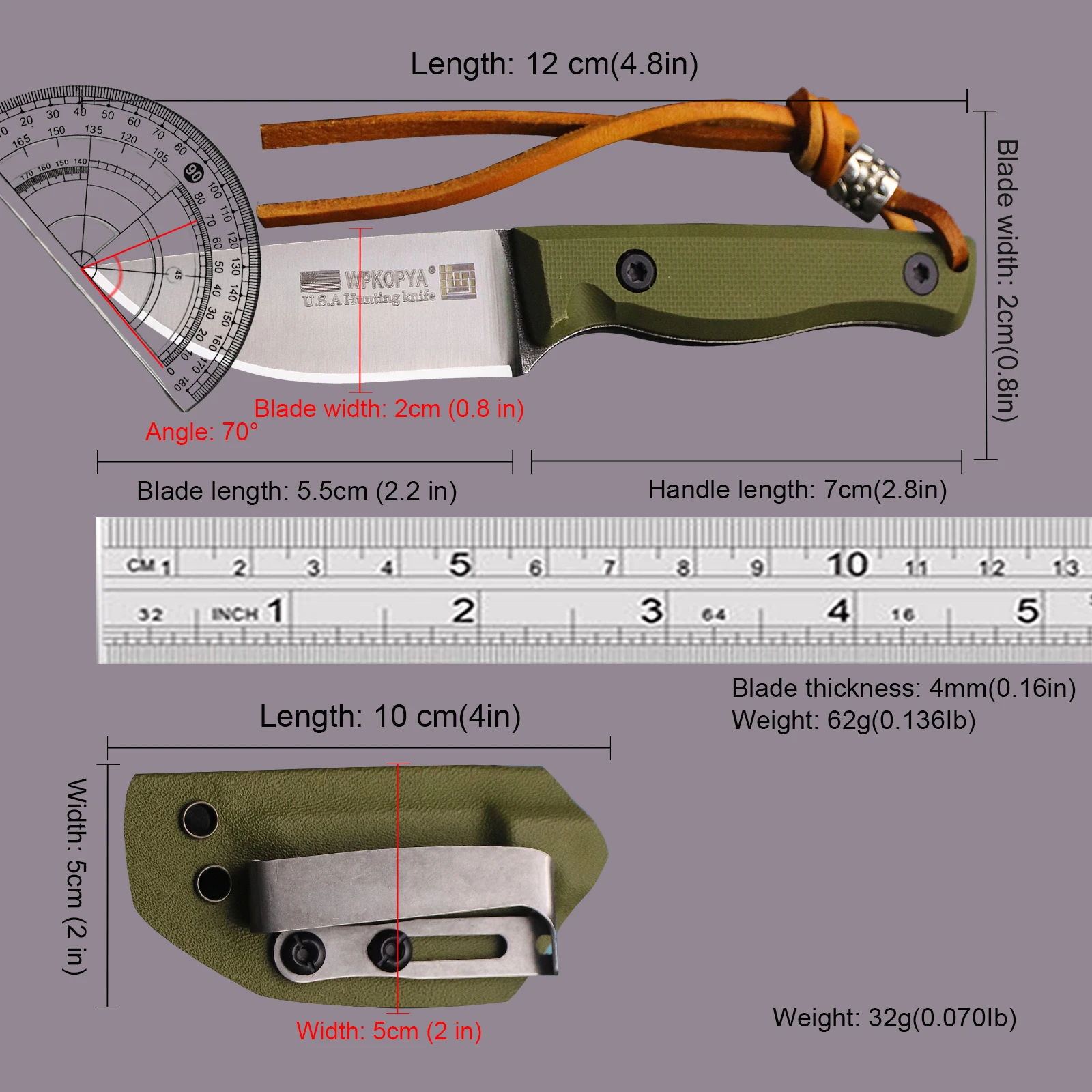 WPKOPYA U.S.9CR18MOV Mini cuchillo de caza Full Tang + funda K, cuchillo de supervivencia en la jungla, cuchillo EDC de autodefensa para acampar