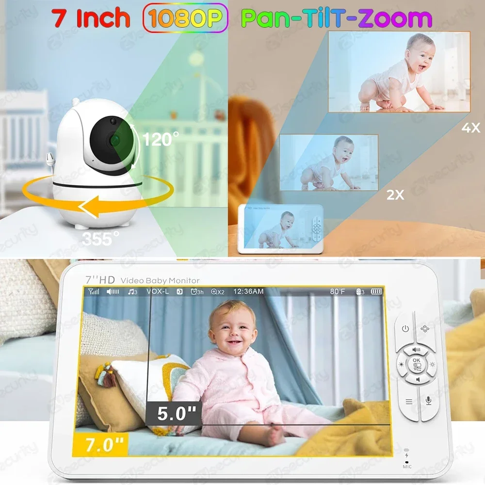 7 Inch Baby Monitor with 2 Cameras 1080P Babyphone Split Screen Pan-Tilt-Zoom Nanny Camera 2-way Audio Night Vision BabySitter