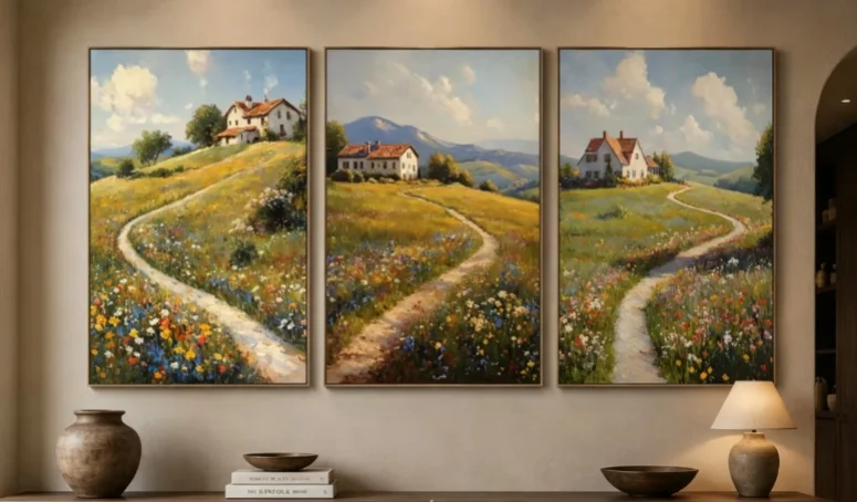 3 Pieces Countryside Cottage Canvas Wall Art Wildflower Meadow Rural Landscape Print For Home Decor