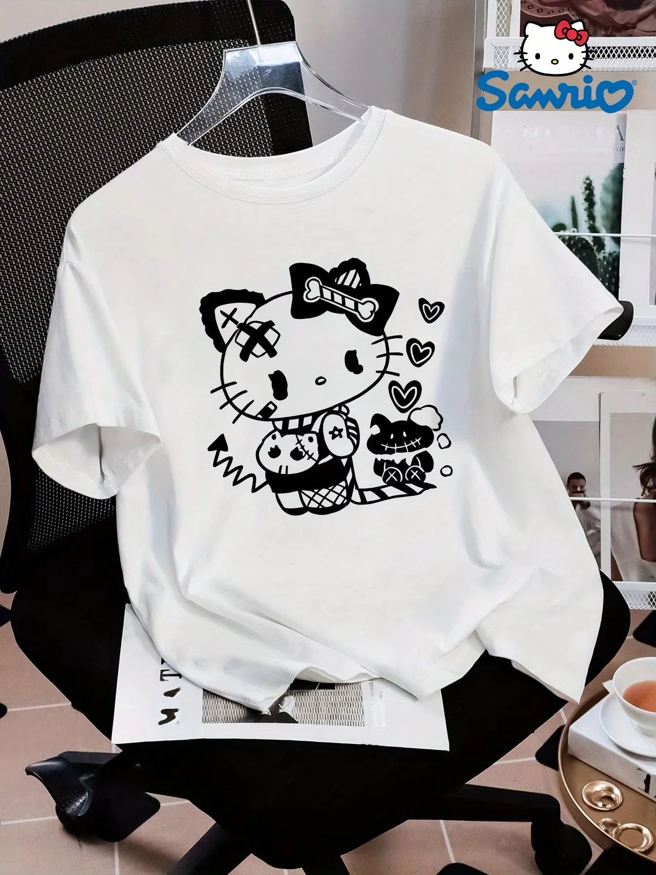

Летняя футболка Hello Kitty 2026 года, высококачественная, 100% хлопок, черная, с граффити-принтом, унисекс, в стиле панк, повседневная, для взрослых и детей