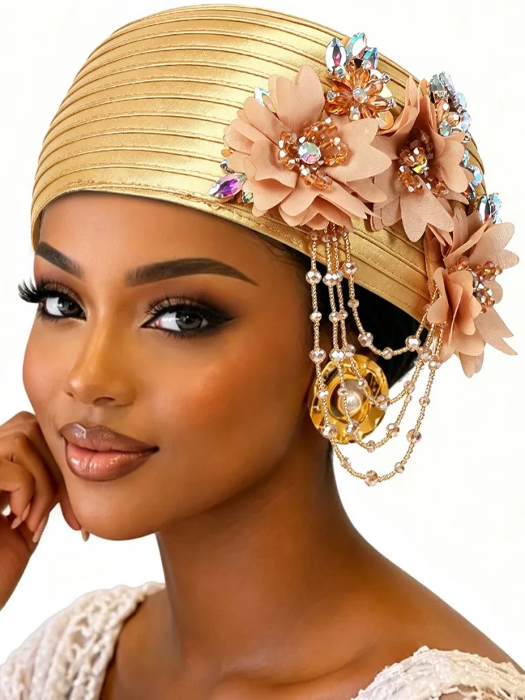 Already Made African Headtie Glitter Diamonds Women's Turban Cap Female Head Wraps Nigeria Wedding Auto Geles Party Headwear Hat