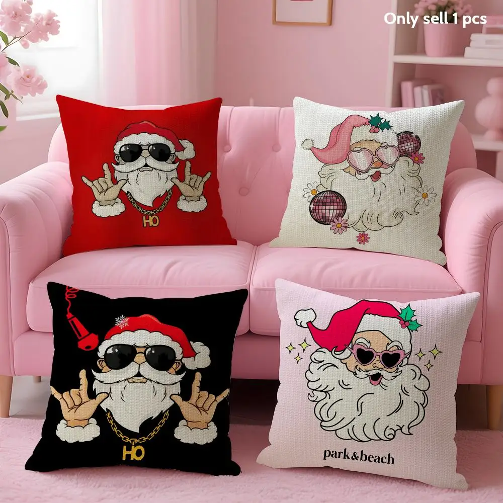 Rap Santa Claus Cushion Cover Natural Linen Organic Fabric Double-Sided Printing Breathable Perfect for Home Decor