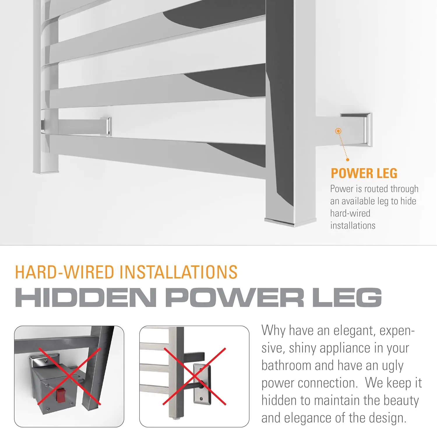 An der Wand montierter elektrischer Handtuchwärmer mit integriertem Smart-WLAN-Timer und festverdrahteten und Plug-in-Optionen (gebürstet)