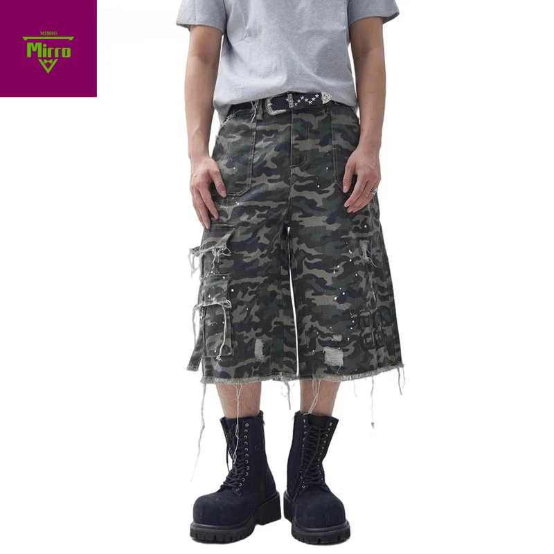 

Splash Ink Camouflage Shorts Mens Embroidery Ripped Summer High Street Loose Wide Leg Pocket Raw Edge Cargo Short Pants Men