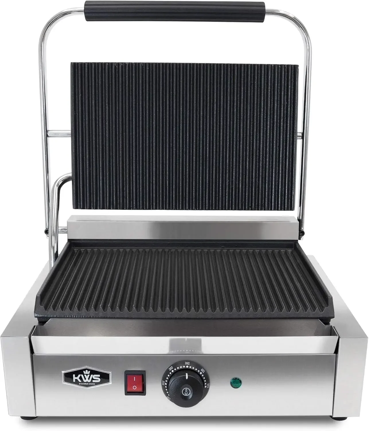 PM-17 Premium 110V Electric Commercial 1700W Panini Grill with Grooved Plates - 13.5