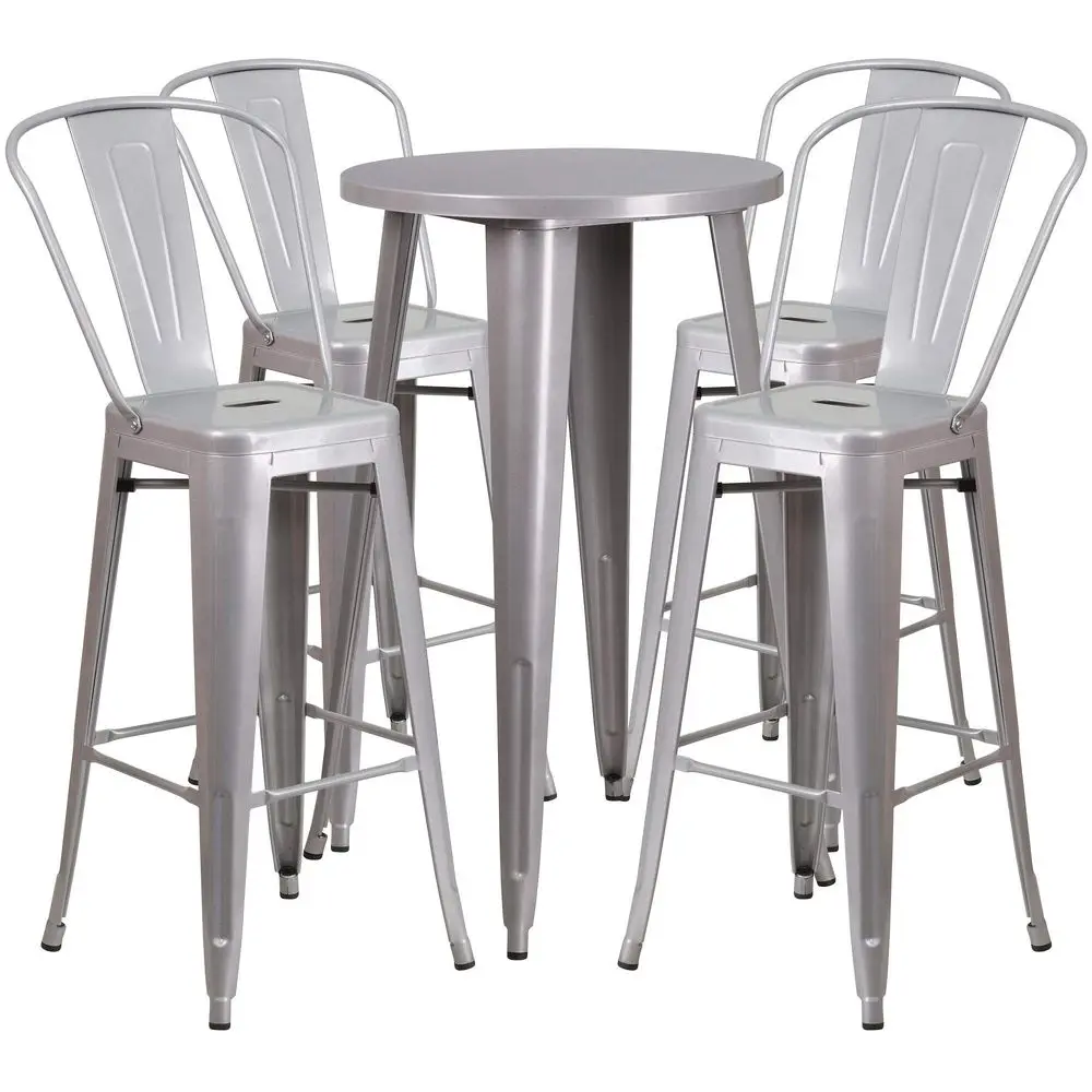 

Commercial Grade 24 Round Silver Metal IndoorOutdoor Bar Table Set with 4 Cafe Stools