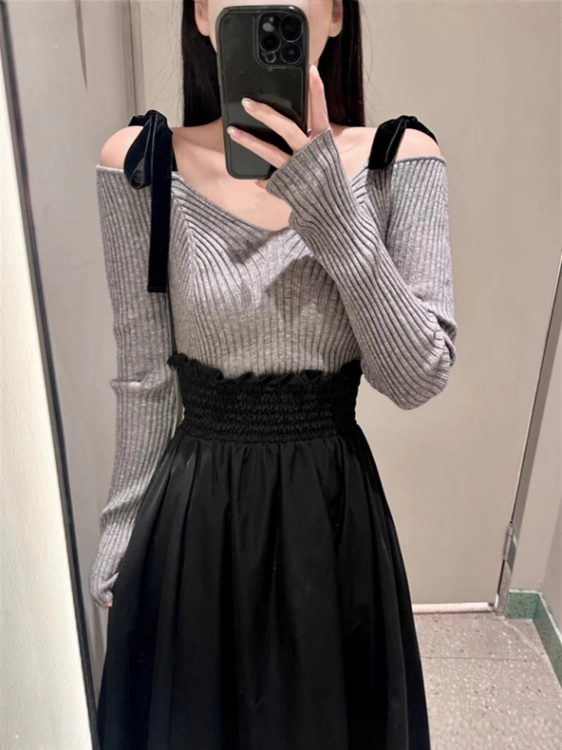 

Autumn Winter New Arrival Pure Color Knot Strapl V-ne Ribbed Knitwear Casual Slim Fit Long Sve Polyester