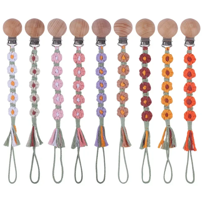 Hand Woven Creative DIY Handmade Baby Beech Pacifier Clip With Five Flower Fine Cotton Rope Woven Pacifier Anti Drop Chain Gift