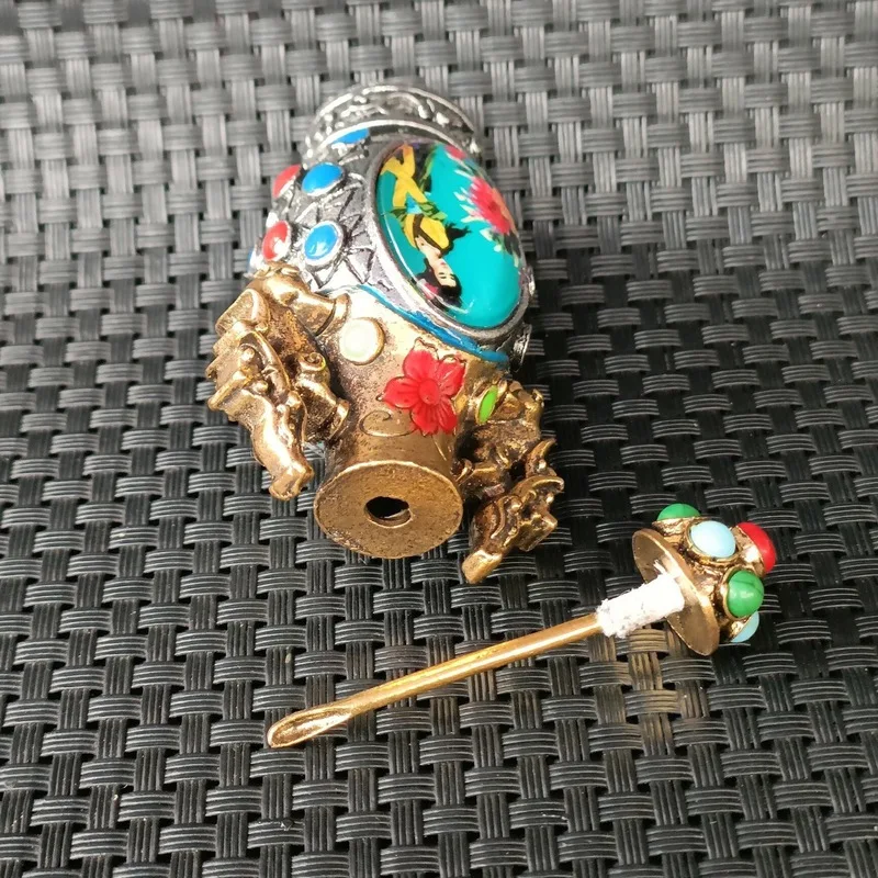 -Style Tibetan Handmade Snuff Bottle Ornament With Spoon, Luminous Version, Antique Collectible Living Room