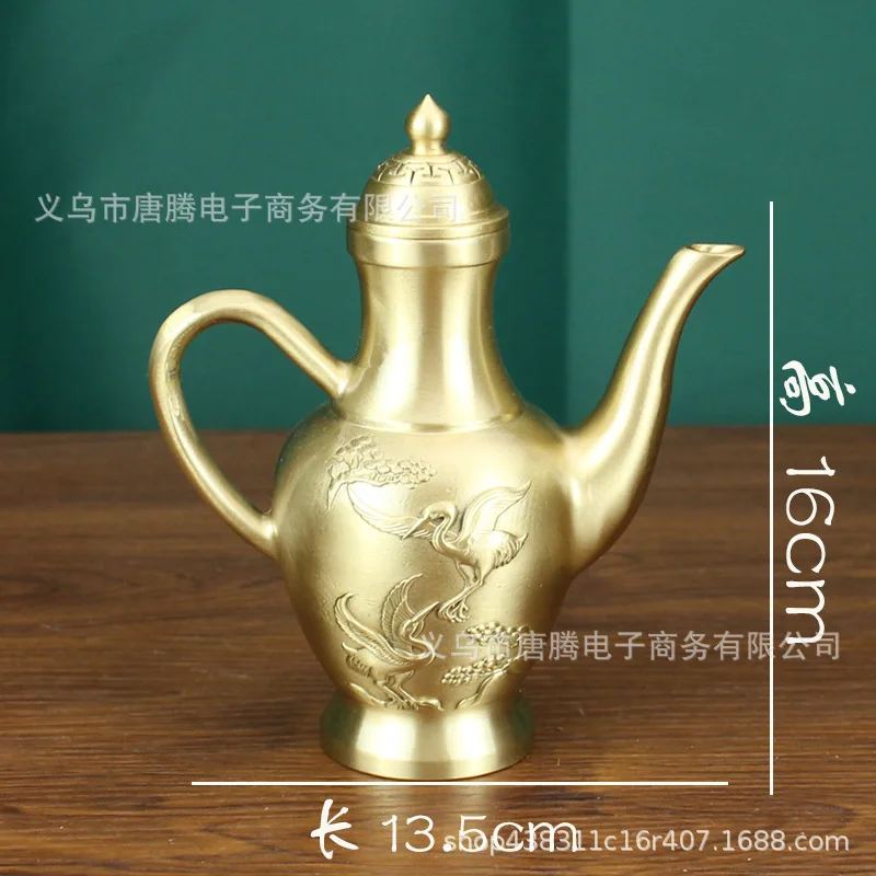 Brass Crane Wine Pot Living Room Office Craft Pure Copper Ornament