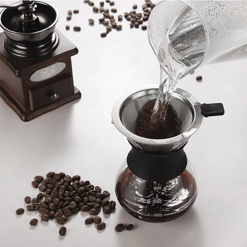 Pour Over Coffee Maker Set with Reusable Stainless Steel Filter Elegant Coffee Dripper Pot,Glass Carafe Permanent for Camping