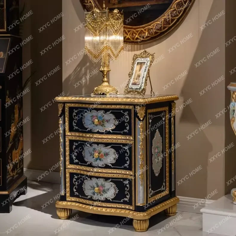 

A French bedside table bedroom hand-painted flower solid wood carving gold and silver foil cabinet