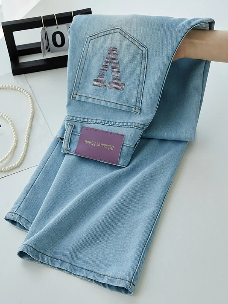 Verão fino bordado cintura alta perna larga jeans feminino corte reto emagrecimento fino ajuste longo algodão poliéster mistura