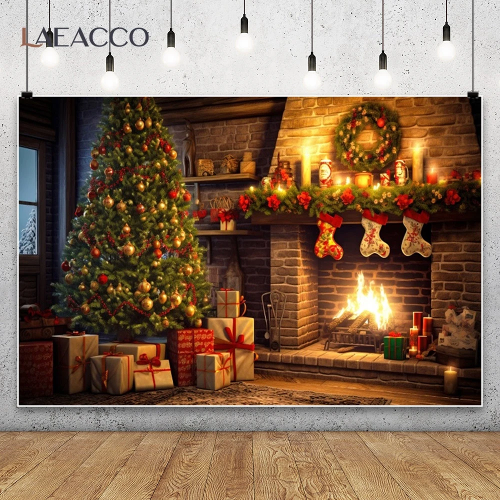 Christmas Brick Wall Fireplace Photography Background Xmas Tree Gifts Wreath Room Decor Banner Kids Portrait Photocall Backdrops