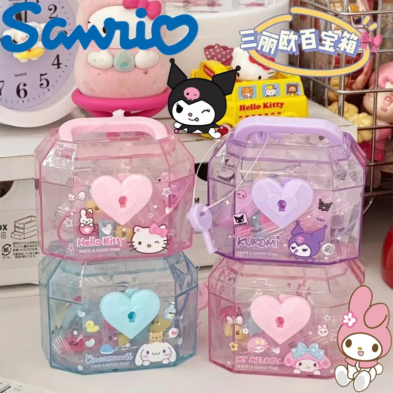 Sanrio Key Switch Storage Box with DIY Bracelet Eraser Cartoon Hello Kitty My Melody Kuromi Cinnamoroll Transparent Jewelry Box