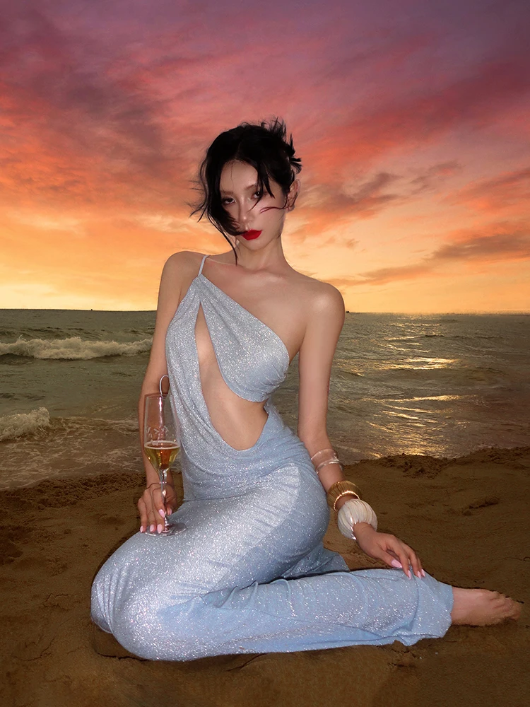 

New Arrival Blue Rhinestone Hollow out oulder off Side Fi Tail Dr Sexy Sle Polyester Fabric Tour And Par Wear