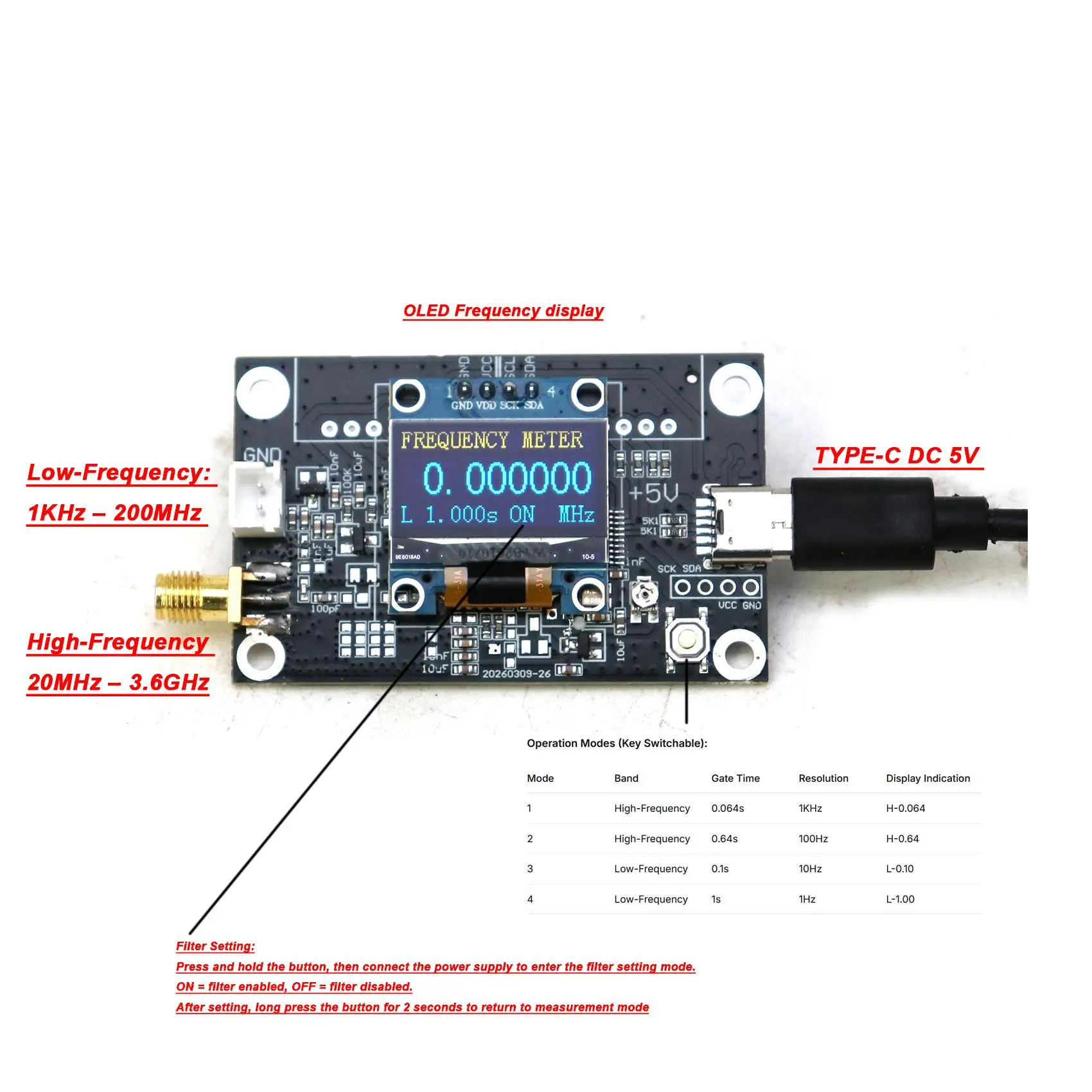 2in1 1KHz-200M-3.6G Frequency Meter Digital Display Frequency Counter RF Signal Measurement High/low Freq Cymometer Ham Radio