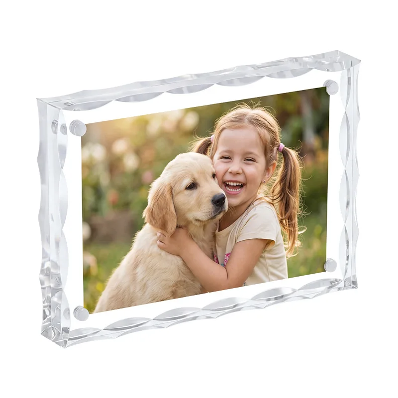 6-8Inch Wavy Edge Acrylic Photo Frame Magnetic Picture Holder Desktop Freestanding Stand Memorial Photo Ornament Table Frame