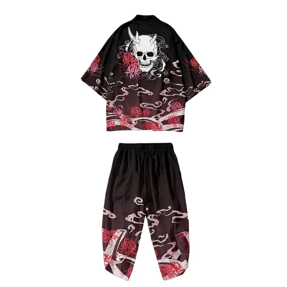 Casual Red Spider Lily Skull Printed Japanese Kimono Traditional Loose Cardigan Cropped Pants Set Asian Clothes Harajuku