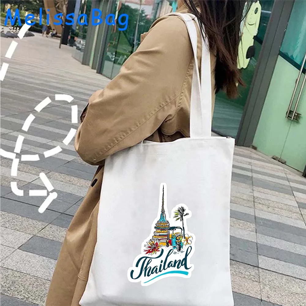 BANGKOK PHUKET Thailand Flag GRAPHIC Wat Arun Temple of Dawn Gift Women Canvas Shoulder Tote Bag Harajuku Shopper Cotton Handbag