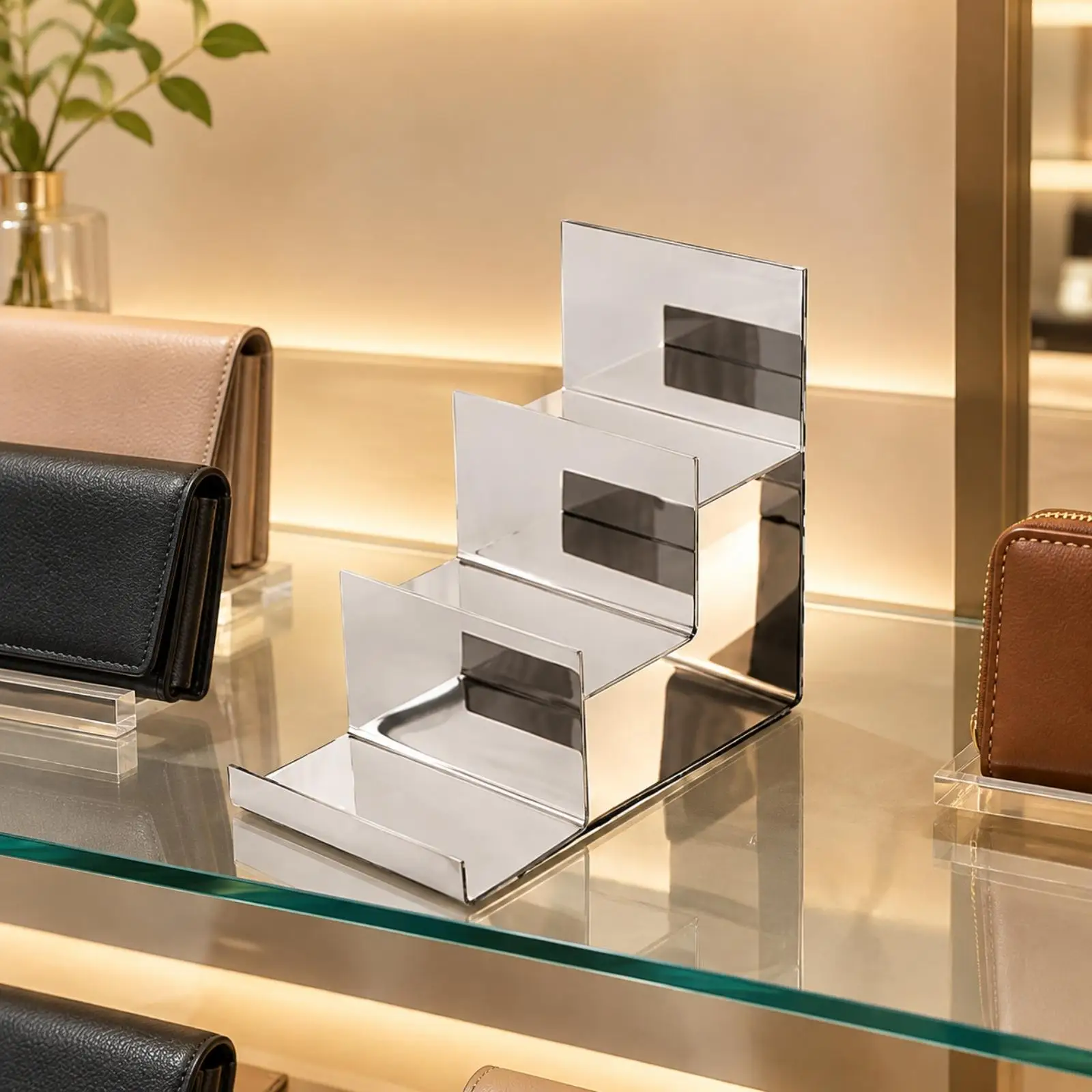 Compact 3 Tier Wallet Display Rack Steel Countertop Purse Stand for Retail Shelves Shop Accessory Organizer