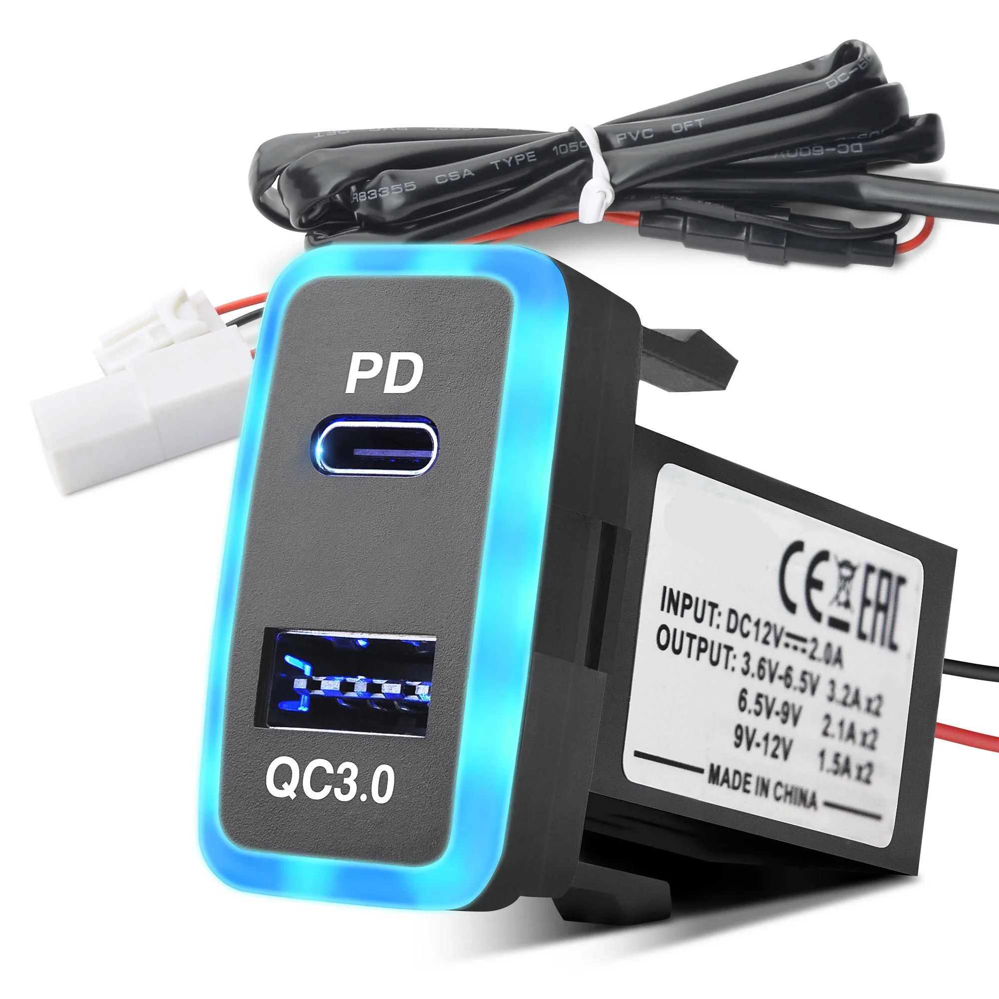 

USB-C car charger, supports Type-C PD and QC3.0 dual USB fast charging ports, only for Toyota cars, compatible with iPhone&IPad