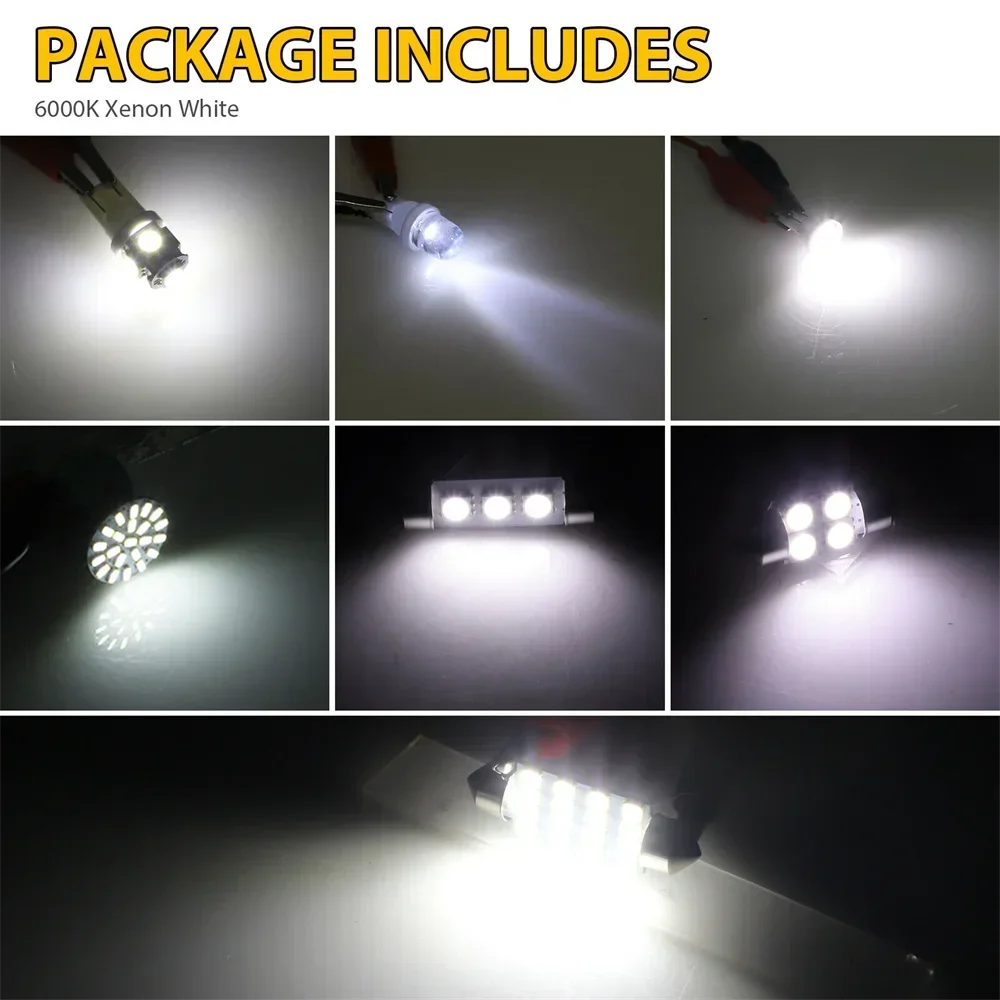 42PCS Car LED Light Kit T10 Double Tip DC 12V White 6000K Interior Map Dome Reading Lamps Trunk License Plate Bulb Replacement