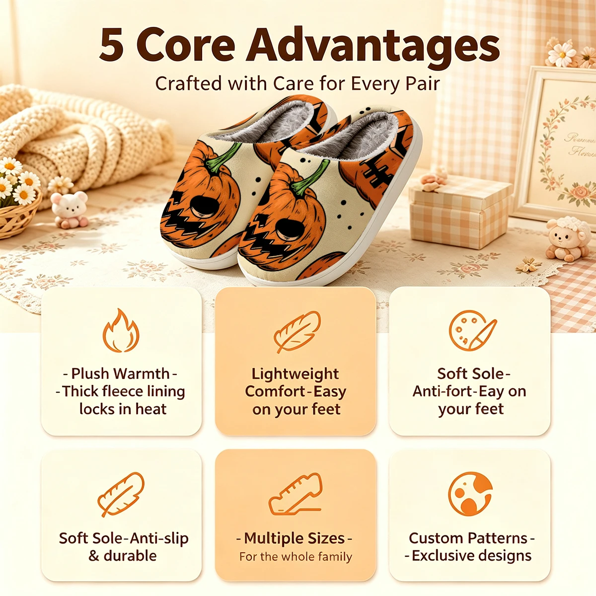 Halloween Pumpkin Print Christmas White Slippers Warm Plush Indoor Shoes Non-Slip Winter Slippers Family Holiday Gifts Soft view 4
