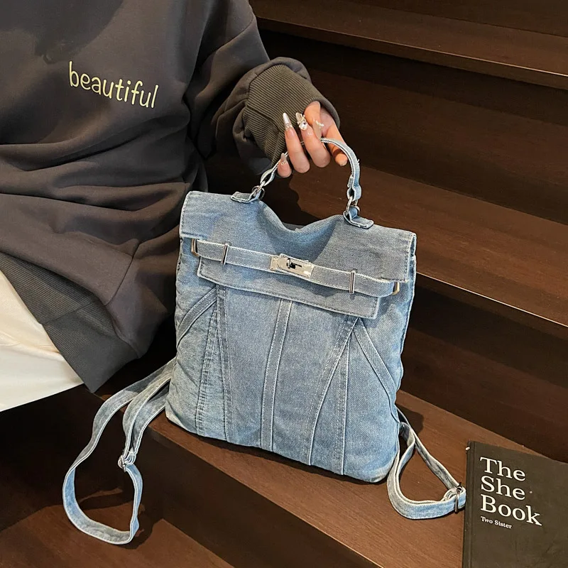 

Fashion Retro Women's Leisure Denim Backpack Commuting Shoulder Handbag Solid Color Female Tote Bag New Travel Vacation Handbag
