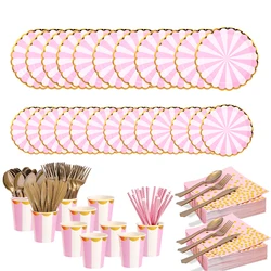Pink Stripe Disposable Tableware Set Paper Plate Cup Straw Adult Wedding Kids Birthday Party Decoration Children Favors Supplies