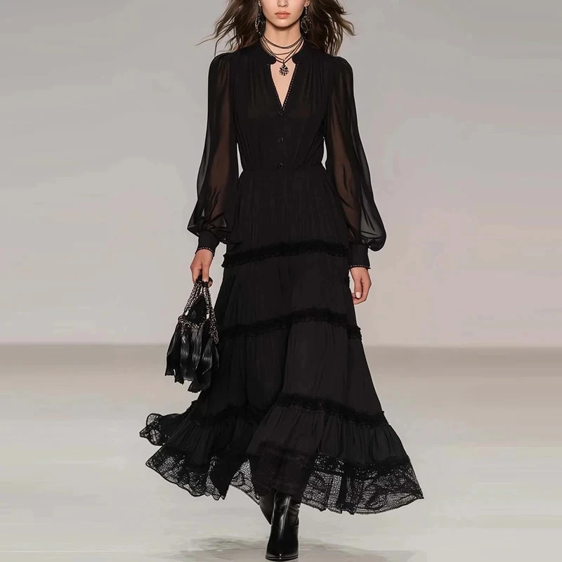 

Spring Summer New High Waist Pleat Maxi Dress Elegant Temperament Lady Chiffon Dress Casual V-neck Long Sleeve Solid Cake Dress