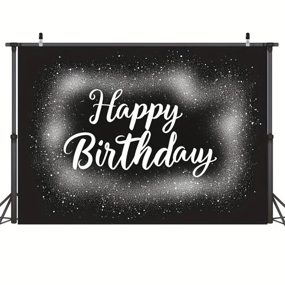 Elegant Black and Silver Happy Birthday Backdrop with Grey Glitter - Polyester Photography Background Birthday Party Decorations