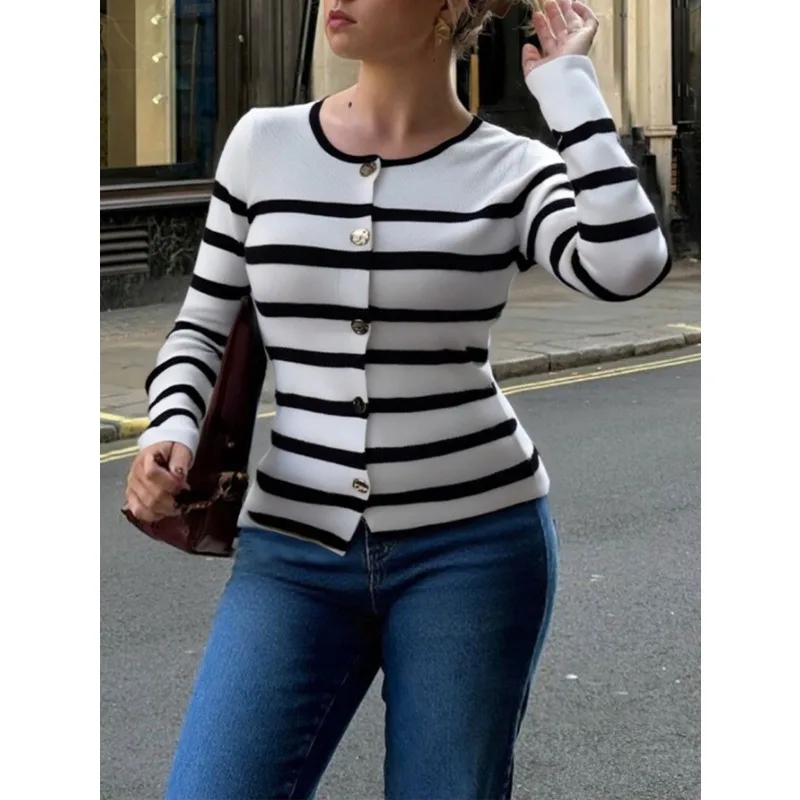 

Элегантный полосатый жилет с длинными рукавами, женский контрастный облегающий топ с круглым вырезом для поездок на работу