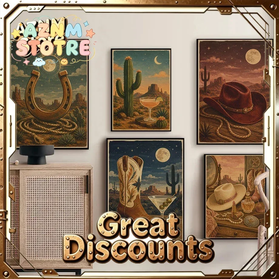 Vintage Cactus Bar Dresser Cowboy Boot Martini Poster Desert Night Modern Prints Canvas Painting Wall Pictures Home Room Deco