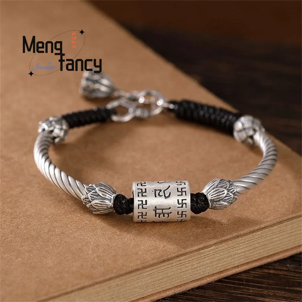 Vintage Ethnic Style S999 Foot Silver Six-word Motto Transit Beads Lotus Flower Bracelet Handmade Weaving Luxury Fashion Jewelry