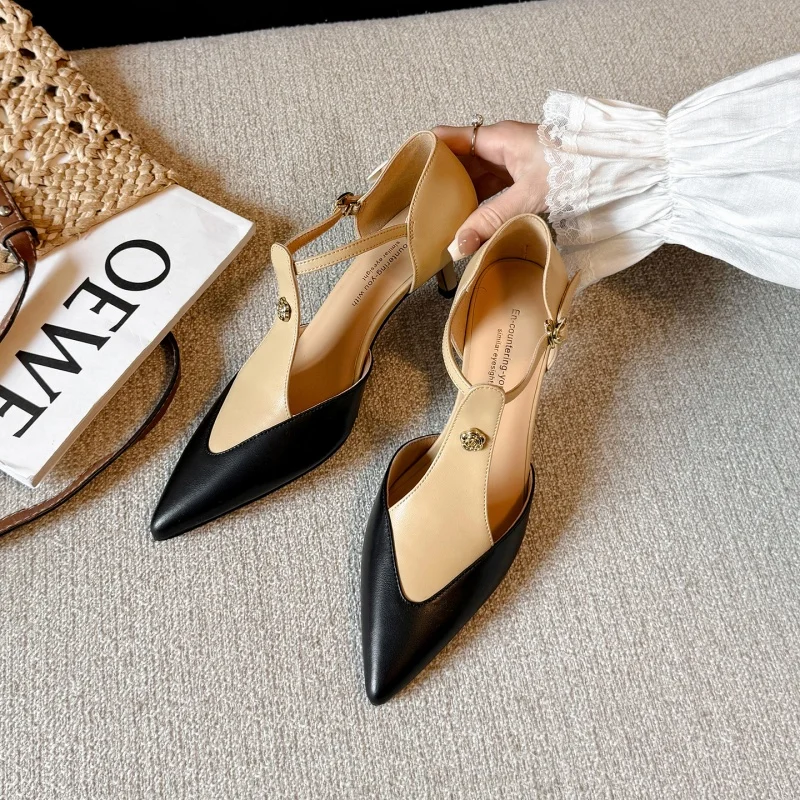 MKKHOU Fashion Women's Shoes New High Quality Genuine Leather Shoes Splicing Pointed T-Buckle High Heels Women's Heels