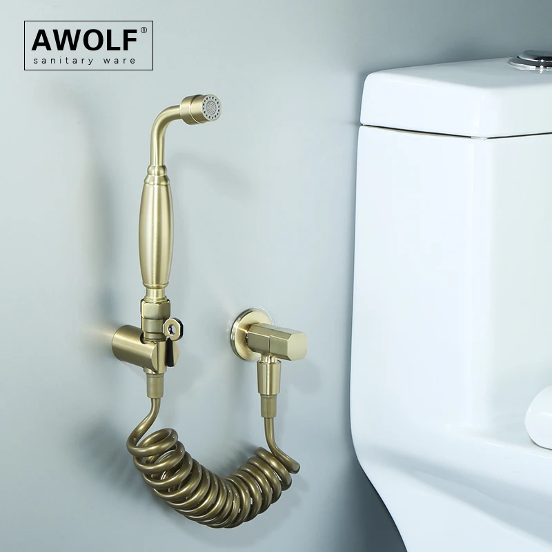 Awolf Brushed Gold Toilet Bidet System Hygienic Shower Head Solid Brass Two Functions Bathroom Anal Shower Soft Water AP2337