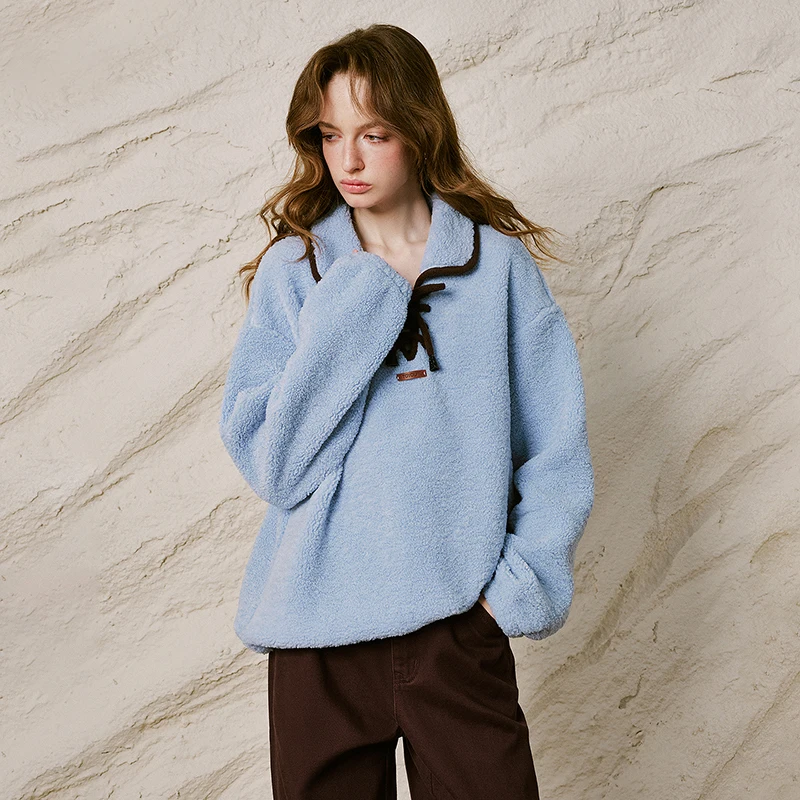 TOYOUTH Women Sweatshirt 2026 Winter New Wheat Grain Fleece Contrast Tie Polo Collar Loose Plush Top