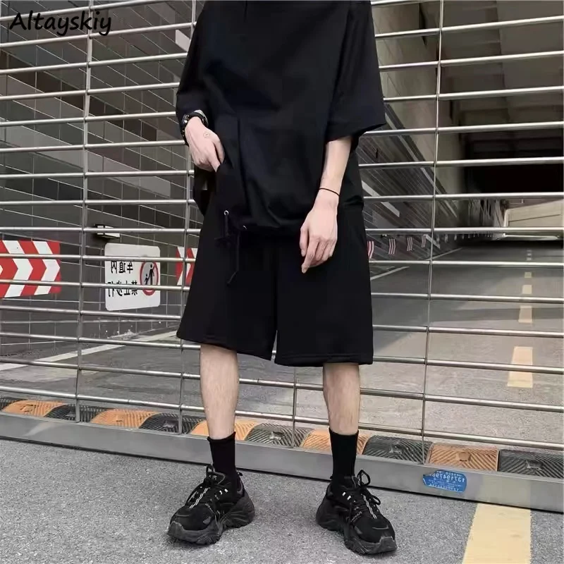 Black Shorts Women Elastic Waist Drawstring Summer Loose Straight Korean Style Ins Chic Leisure Unisex Stylish All-match Basic