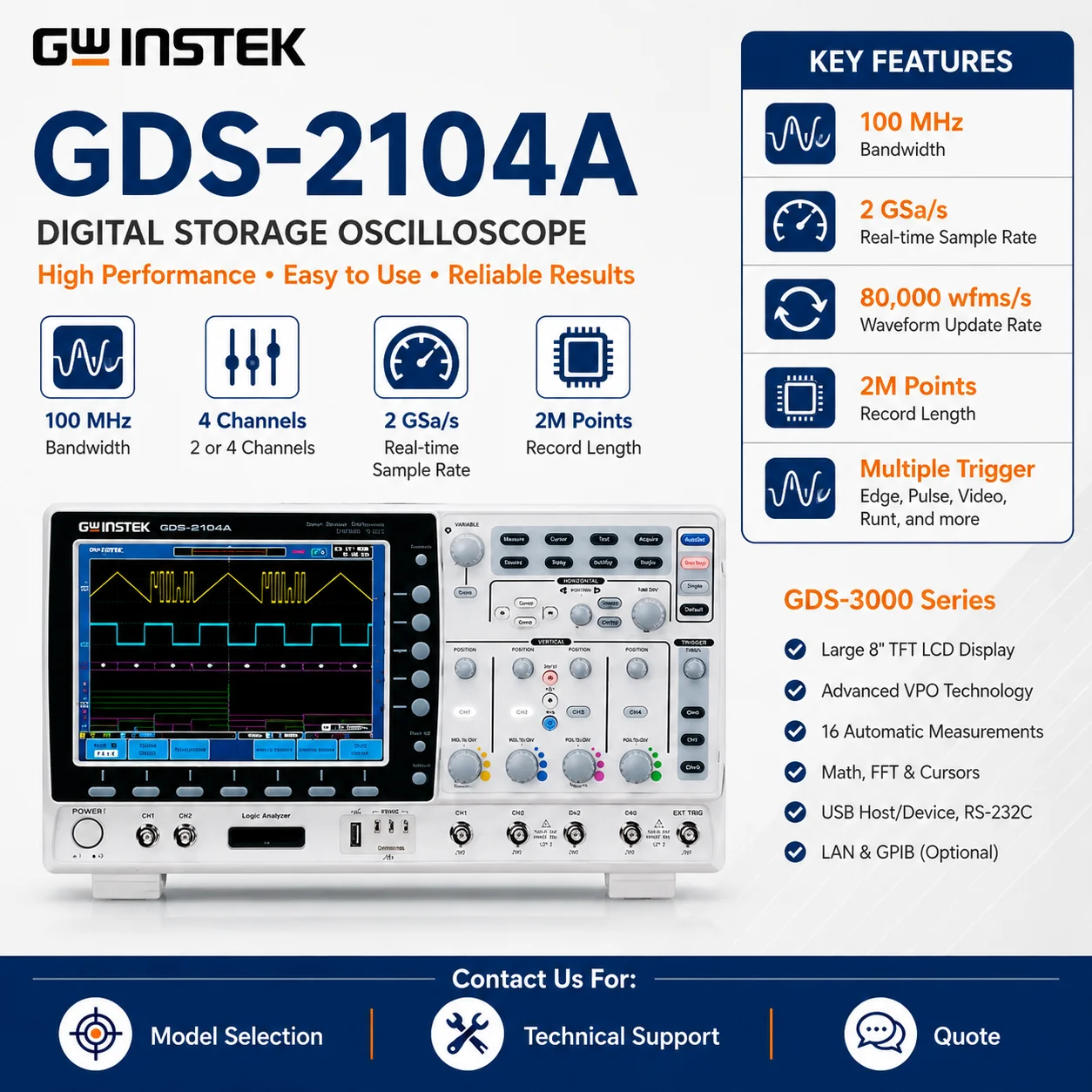 GW Instek GDS-2104A/2204E Digital Storage Oscilloscope, 4-Channel 100/200MHz DSO, Waveform Analysis & Serial Bus Decode