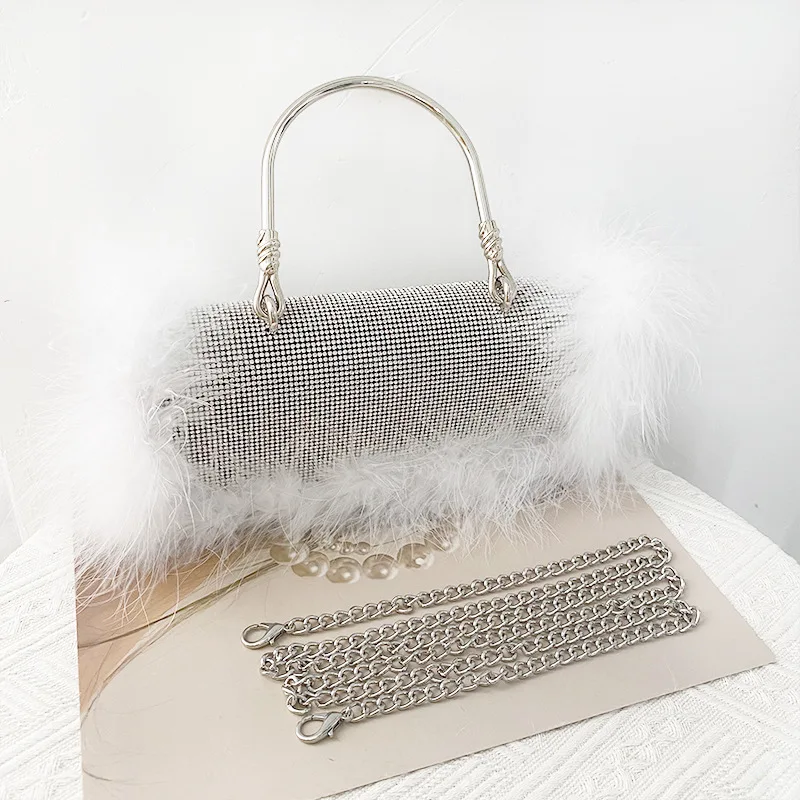 

Ladies Shiny Diamond Dinner Party Wedding Tote Bag Fashion Ostrich Faux Fur Feather Tote Bag