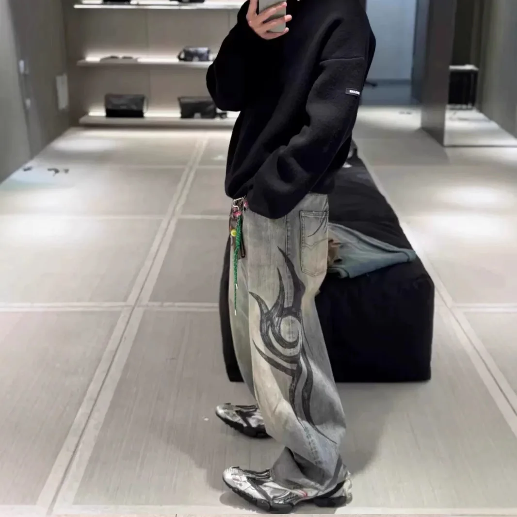 

Dragon Totem Print Waed Corduroy Dstring Baggy Jeans Bamboo Pattern Spring Summer New Sle Casual Straight Leg Jeans