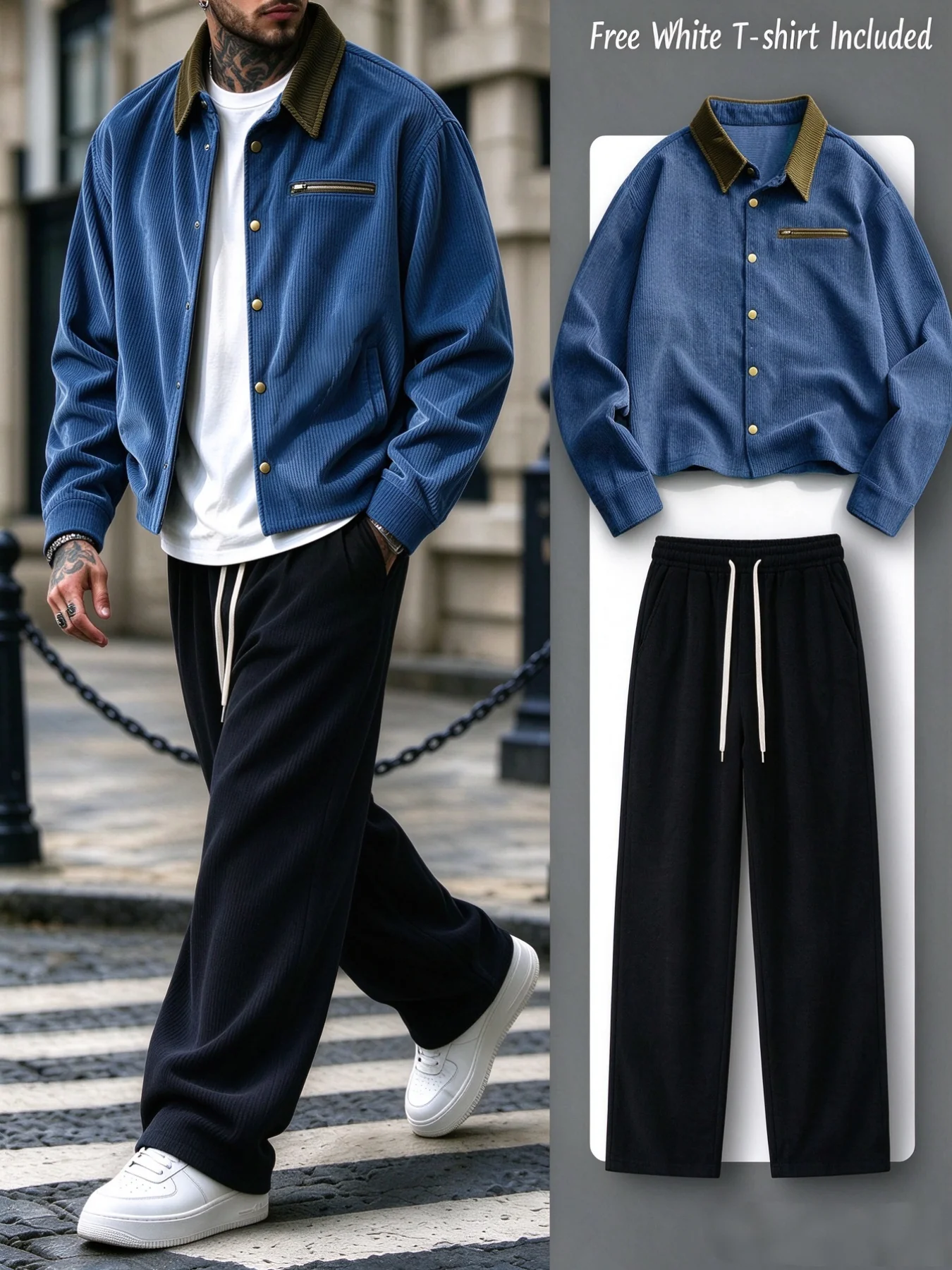 Men 2 Pieces Outfit, Contrast Collar Button Jacket & Drawstring Wide Leg Pants Set, Casual Streetwear Suit For Daily Wear