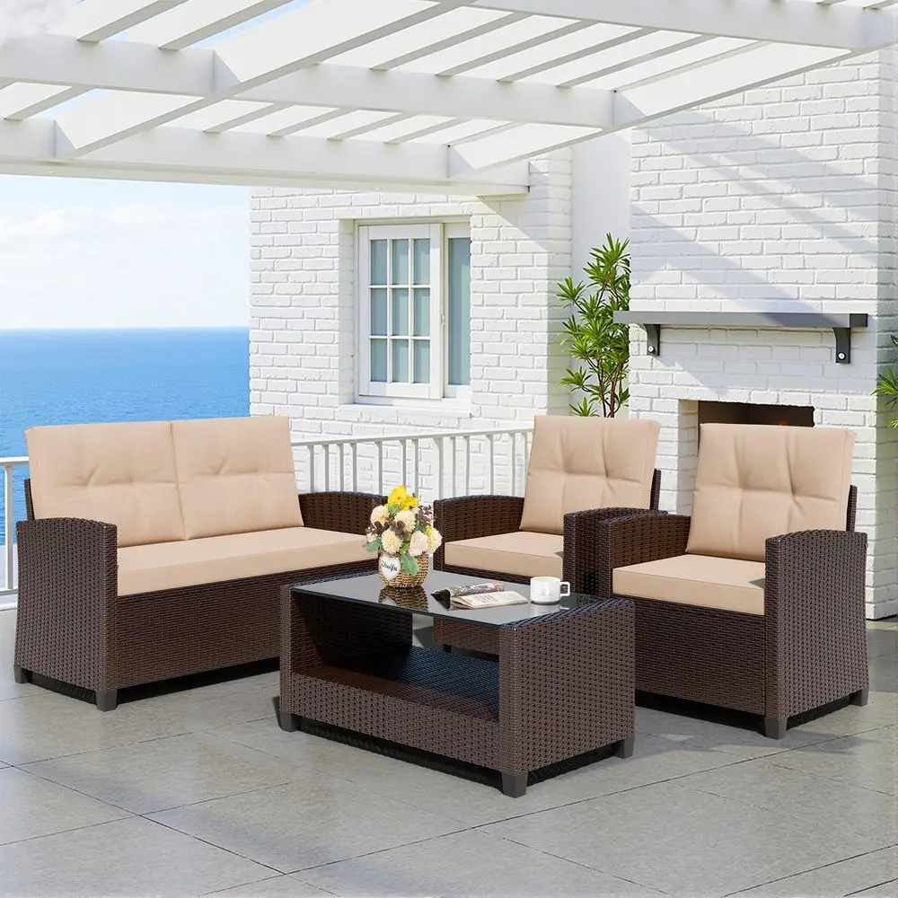 

4 Piece Patio Furniture Set, Outdoor Rattan Conversation Set with Coffee Table, Outside Wicker Sectional Sofa Couch with Cushio