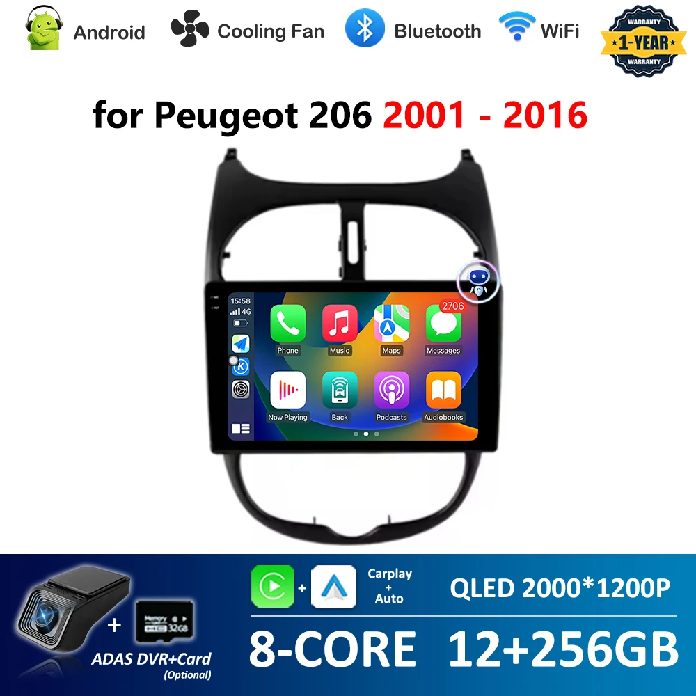 9'' for Peugeot 206 2001 - 2016 Android OS Car Video Multimedia Player Carplay GPS Navi WiFi Bluetooth IPS Screen 4G Auto Tools